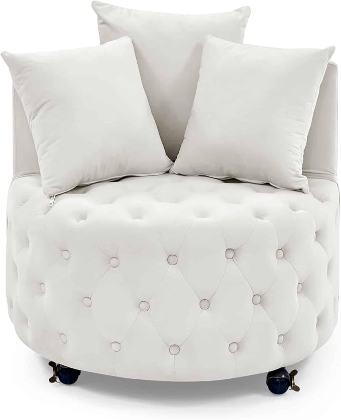 Velvet Upholstered Swivel Chair for Living Room with Button Tufted Design and Movable Wheels Including 3 Pillows Beige