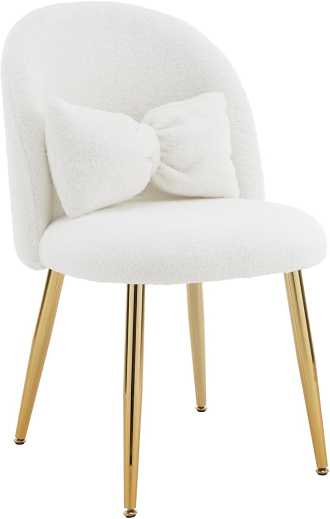 VINGLI Boucle Girls Vanity Chair with Back &amp PillowCute Small Cozy Desk Chair No WheelsComfy Makeup Ch with Ajustable Gold Legsfor BedroomLiving RoomSmall SpaceWhite