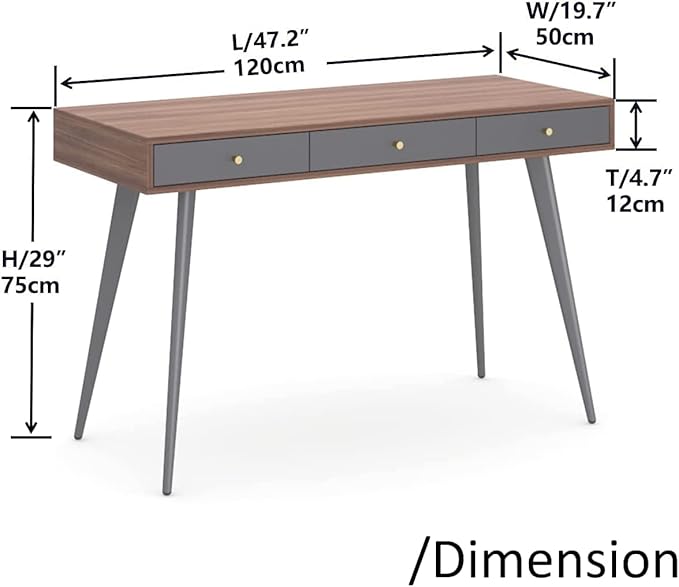 kevinplus Mid-Century Modern Desk for Home Office Bedroom Small Computer Desk Writing Desk with 3 Storage Drawers Metal Legs Walnut &amp Dark Grey