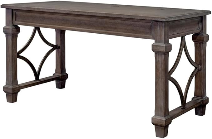 Pemberly Row Wood Writing Desk 54 in x 27 in x 30 in Solid Wood and Veneer Gray Weathered Dove Finish USB and AC Outlets Drop-Front Keyboard Tray Casual Office Desk for Home or Executive Office