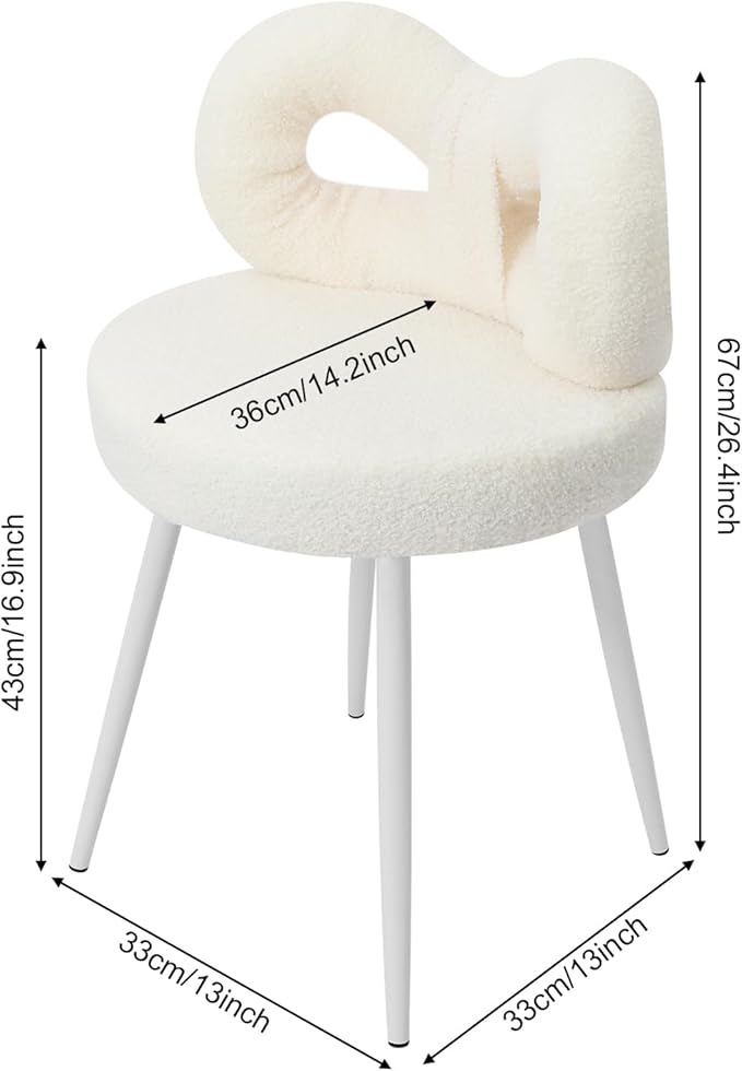 Girls Desk Chair | No Wheels Make up Vanity Chair w/Cute Bow Backrest Comfy Lambswool Fabric Makeup Chair for Bedroom Living Room Upholstered Accent Chair Desk Chair Stool for Girls (White)