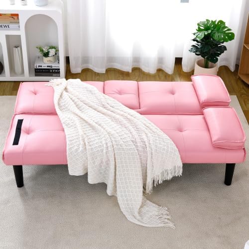 Convertible Folding Futon Sofa Bed Fabric Linen Upholstered Modern Couch Loveseat Sleeper Folding Daybed Guest Bed Removable Armrests 2 Cup Holders Metal Legs (Pink)