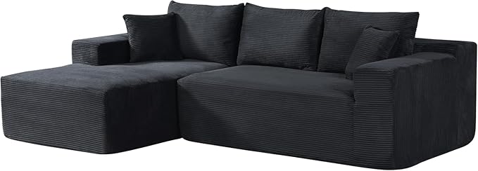 Ridge 2-Piece Convertible Corduroy L-Shaped Sofa in a Box with Pillows 3-Seater Modular Sectional Couch Compressed Living Room Furniture Black (Left Facing)