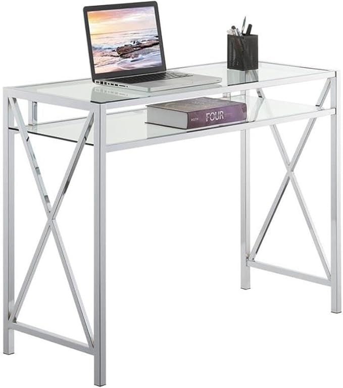 Pemberly Row 42-Inch Desk Clear Tempered Glass Desktop Chrome Metal Frame Additional Storage Shelf Modern Home Office Desk 42 x 16 x 30 Inches Stylish Workspace Furniture