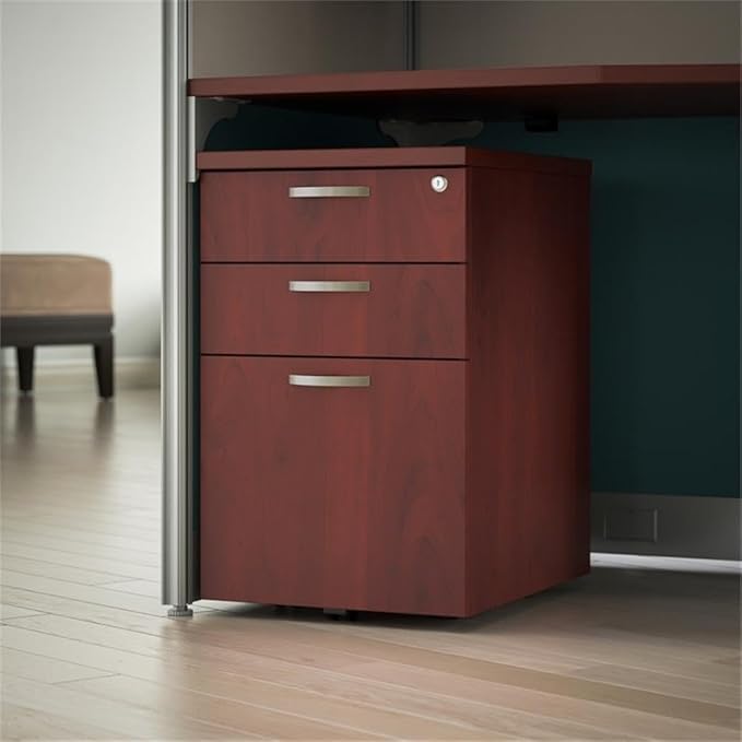Bush Business Furniture Office in an Hour 3 Drawer Rolling File Cabinet in Hansen Cherry | Mobile Under Desk Drawers for Letter Legal and A4-Size Document Storage