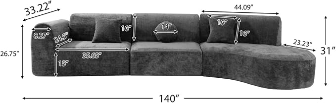 140 Modern Curved Sectional Sofa with High-Density Fully Compressed Sponge and Chaise Lounge 3-Piece Set Fully Assembled Right Hand Facing Perfect for Living Room Lounge (Dark Gray)
