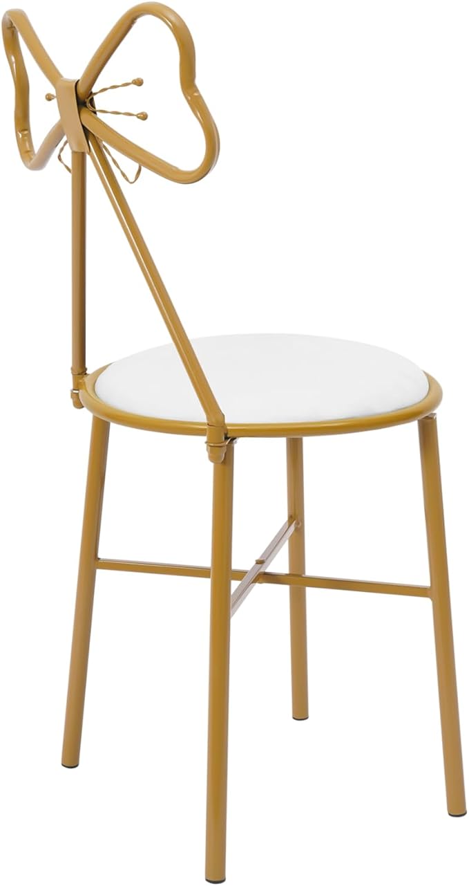 Modern Vanity Chair StoolCute Makeup Chair w/Butterfly BackrestGirl's Stool Ottoman BenchMetal Bench Legs Gold Dining ChairBow Knot Design Seat for Bedroom Living Room (White Velvet)