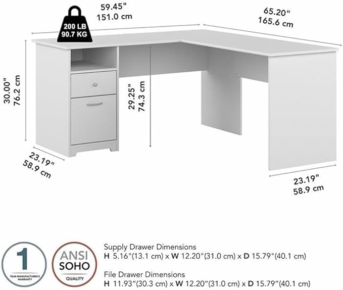Bush Home Cabot 60W L Shaped Computer Desk with Drawers White