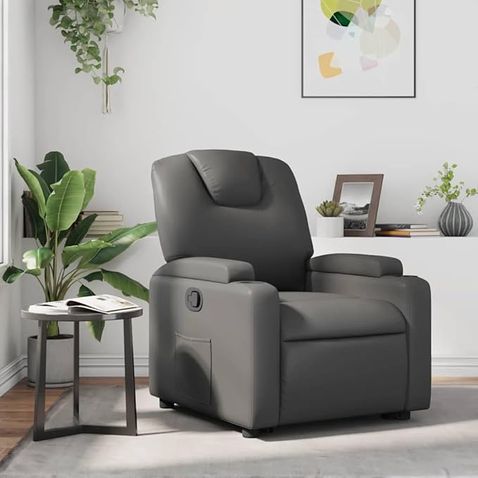 vidaXL Gray Faux Leather Recliner Chair with Manual Recline Cup Holders and Side Pocket for Living Room Bedroom Comfort