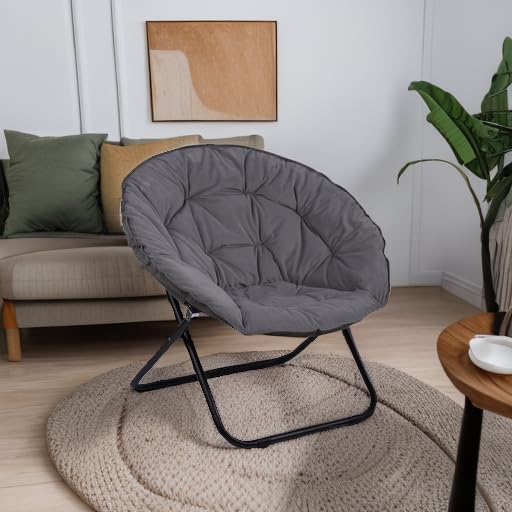 Folding Saucer Chair Lazy Moon Chair with Metal Frame Comfy Bedroom Chairs for Bedroom Living Room Study Grey JC