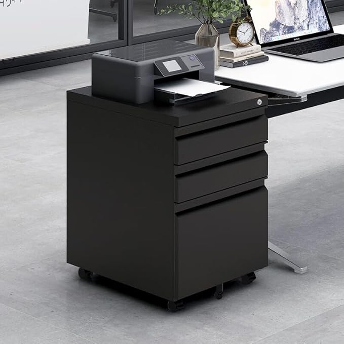 3 Drawer Mobile File Cabinet with Lock Under Desk Small Storage Organizer Filing Cabinets for Home Office Locking Drawers for Legal/Letter/A4 FilesBlack