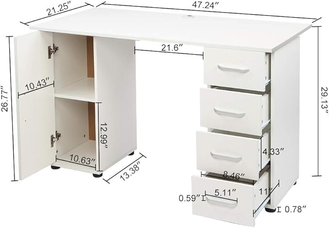 Rolling Computer Desk with Drawers and Storage Home Office Desk Modern Work Study Writing Table Desk for Small Spaces White Mobile Desk Desk on Wheels Computer Desk Laptop Table 120 x 54 x 74CM