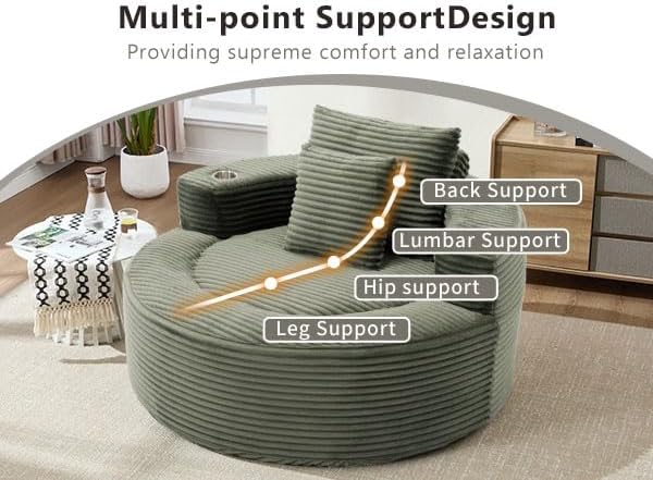 55 Green Oversized Round Boneless Couch Sofa Velvet Memory Foam Cloud Couches Lounge Chair Comfy Fluffy Single Sofa with 3 Pillows for Living Room Bedroom No Assembly Required (Green.)