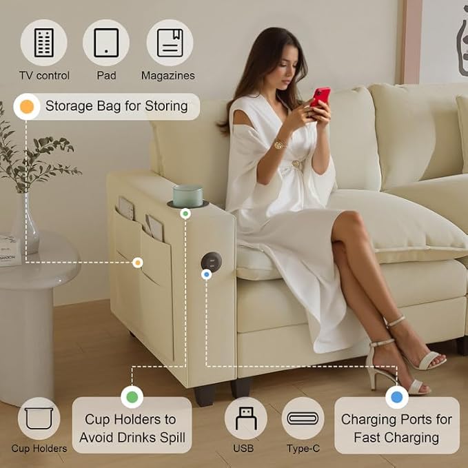 116 Modular L Shaped Cloud Couch Sectional Couches for Living Room with Ottoman Chenille Deep Seat Sofa Cloud Sectional Couch with Charging Station Cup Holder Side Pocket Beige
