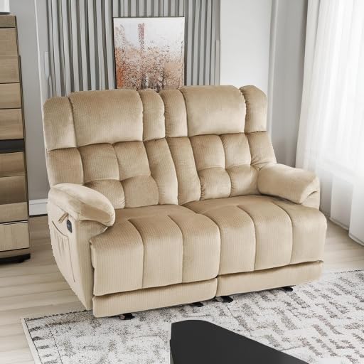 MCombo 58.7 Zero Gravity Power Loveseat Recliner with Heat and Vibration Massage Reclining Loveseat Sofa with USB Ports for Living Room Fabric 6237 (Beige)