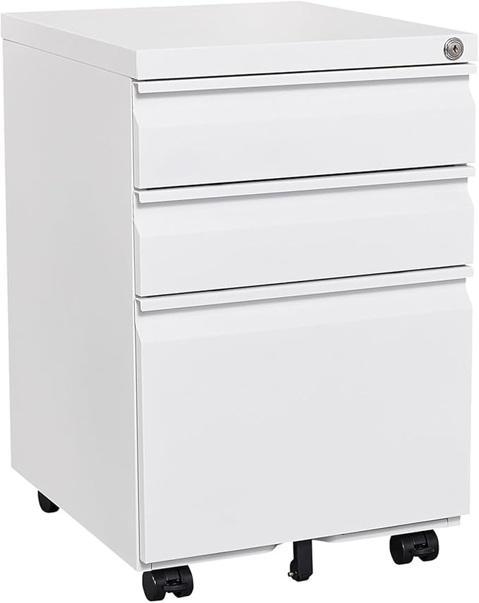 3 Drawer Mobile File Cabinet with Lock Under Desk Metal Filing Cabinets for Home Office Organizer Letters/Legal/A4 Metal Filing Cabinet to be Installation Required (White)