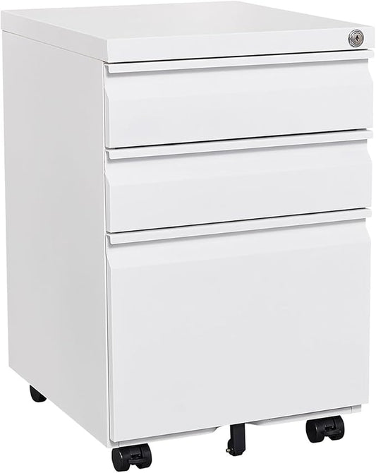 3 Drawer Mobile File Cabinet with Lock Under Desk Metal Filing Cabinets for Home Office Organizer Letters/Legal/A4 Metal Filing Cabinet to be Installation Required (White)