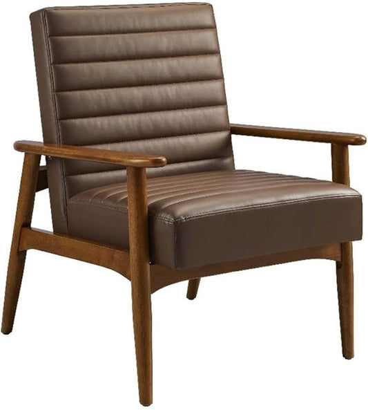 Modway Jensen Vegan Leather Accent Chair in Walnut Brown - Mid-Century Modern Armchair with Solid Wood Legs &amp Armrest - Upholstered Faux Leather Single Side Chair - Reading Chair for Living Room