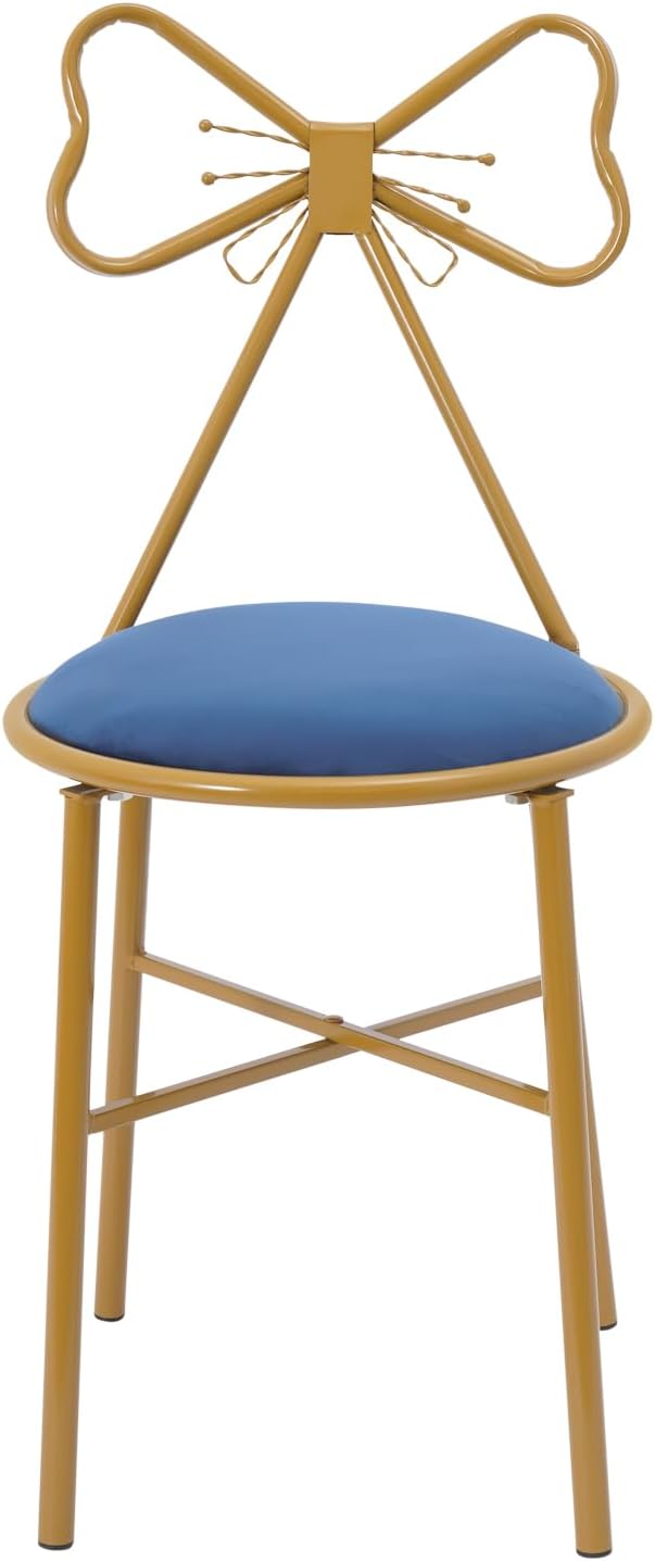 Modern Vanity Chair Stool Cute Butterfly Makeup Chair with Backrest Creative Gold Metal Bow Chairs for Living Rooms Bedrooms Kitchen Terraces Office (Blue)