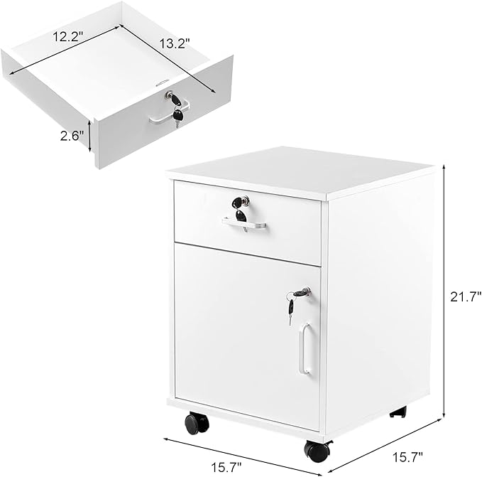 TUKAILAi Mobile File Cabinet with Lockable Drawer &amp Door Under Desk Rolling Filing Cabinet with 4 Wheels Wooden Stationery Storage Cabinet for Home Office (White)