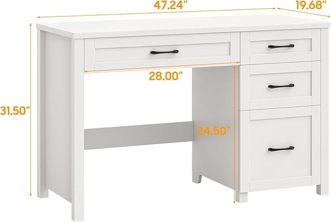 Farmhouse 47 Executive Desk with 4 Drawers Computer Desk with File Drawer Workstation for Study Home OfficeCream White.