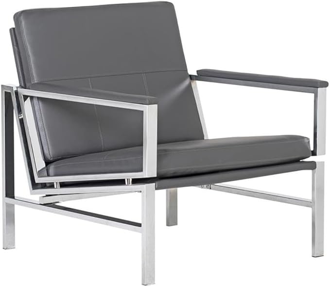 Pemberly Row Modern Bonded Leather Accent Arm Chair Smoke Gray and Chrome Finish 29.75 W x 32 D x 33 H Extra-Wide Seat Mid-Century Design Sleek Guest Seating for Living Room or Home Office
