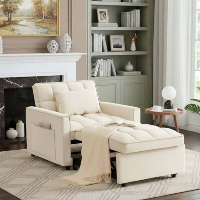 Sleeper Chair Pull Out Chair Sleeper with Adjustable Back &amp Pocket Convertible Chairs Bed Sleepers for Adults 3 in 1 Sofa Bed Chairs for Small Spaces Living Room White