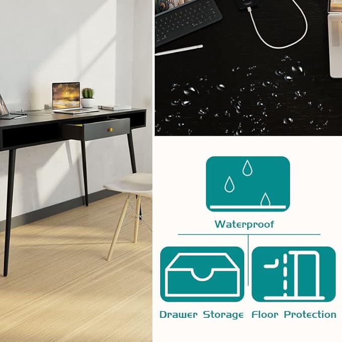 JUSTONE 47 Computer Desk for Home Office - Modern Study Desk with Built-in USB Ports &amp Power Outlet - Multi-Functional Writing Desk/Makeup Vanity - Industrial Two-Tone Black Oak &amp Dark Grey F