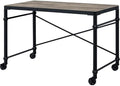 BOWERY HILL Writing Desk 47 in x 23 in Wood Table Top Rustic Oak &amp Black Finish Metal Base with Wheels Nailhead Accent Contemporary Style Home Office Desk