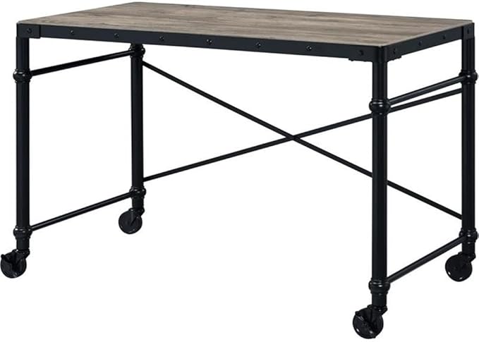 BOWERY HILL Writing Desk 47 in x 23 in Wood Table Top Rustic Oak &amp Black Finish Metal Base with Wheels Nailhead Accent Contemporary Style Home Office Desk