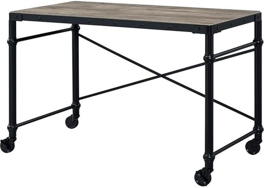 BOWERY HILL Writing Desk 47 in x 23 in Wood Table Top Rustic Oak &amp Black Finish Metal Base with Wheels Nailhead Accent Contemporary Style Home Office Desk