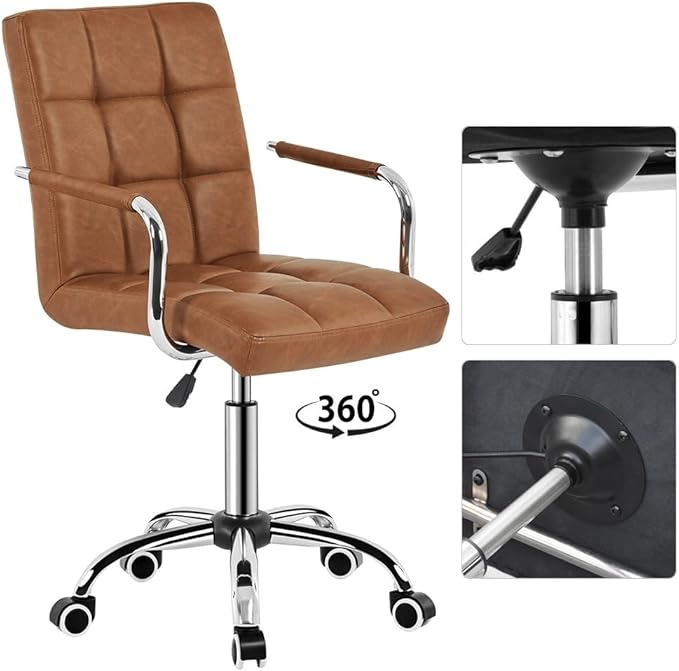 Butterslay Mid-Back PU Leather Office Chair with Armrests 360° Swivel Rolling Height Adjustable Desk Chair with Lumbar Support for Home Office Bedroom White/Pink/Brown/Retro Brown (Retro Brown)
