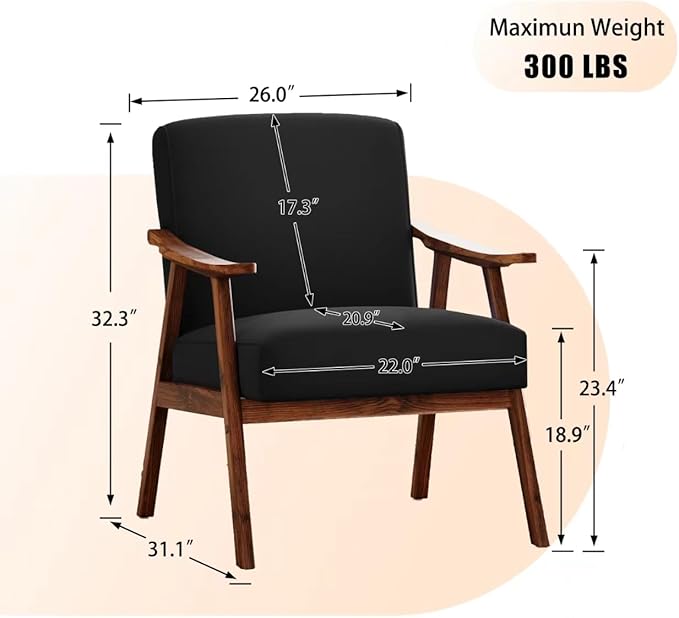 Mid Century Accent Chair Boho Farmhouse Accent Chairs for Living Room Retro Single Lounge Reading Armchair with Solid Wood Frame (Velvet Fabric in Black)