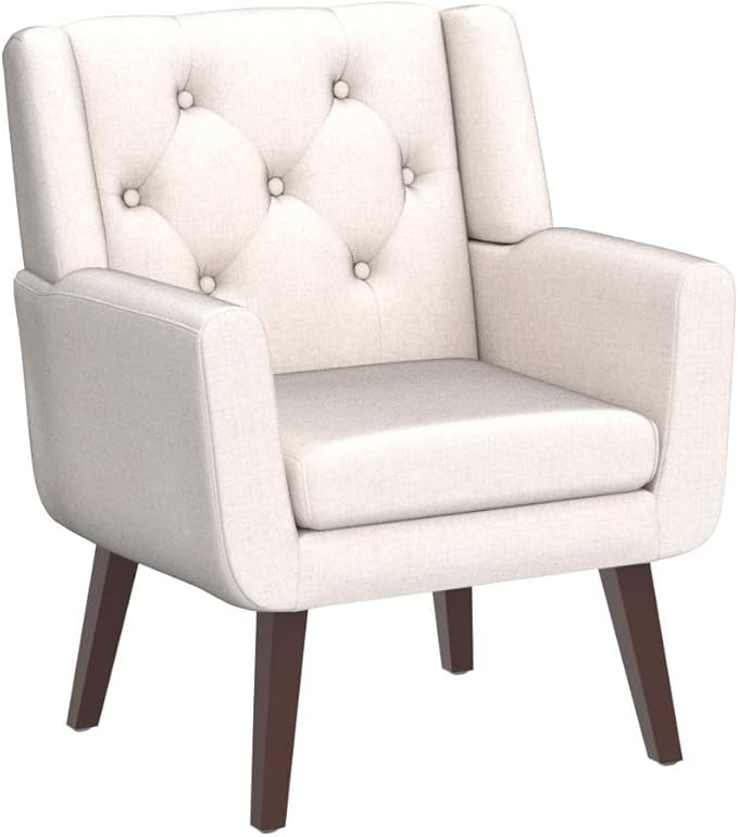 Living&ampGiving Accent Chair Button-Tufted Upholstered Living Room Chairs Comfy Reading Mid Century Modern with Linen Fabric Lounge Arm for Bedroom (Beige) 29.33D x 28.94W x 34.65H Inch
