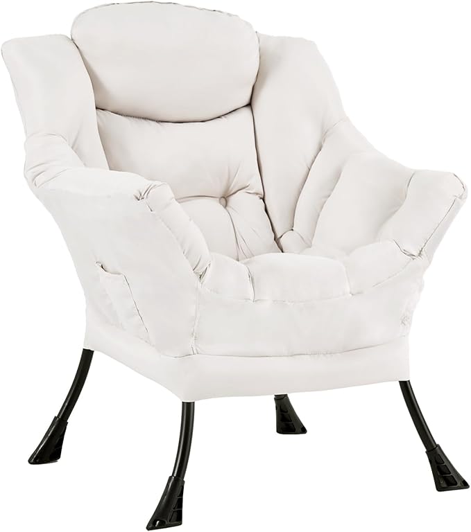 Lazy Chair for Living Room Modern Accent Chairs with Armrests Beige Armchairs with Side Pocket Cozy Lazy Sofa for Reading Balcony Bedroom Dorm Small Spaces