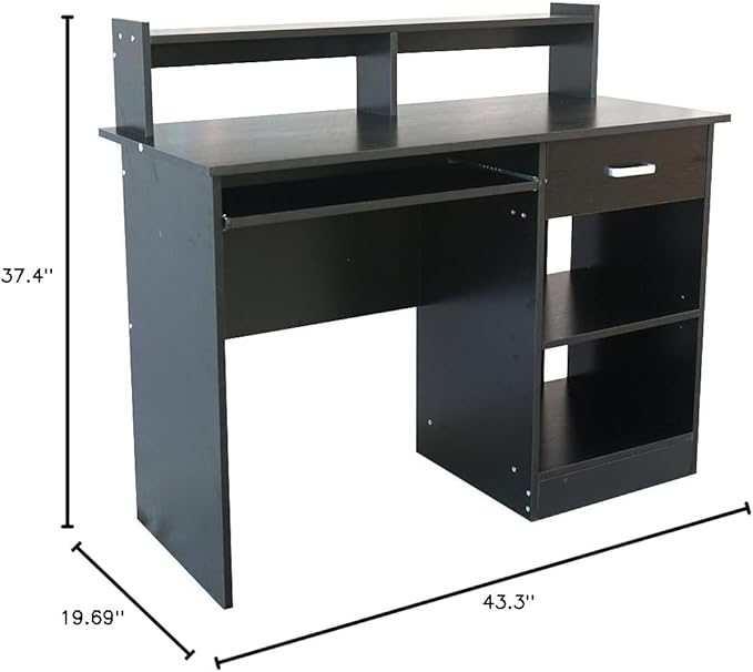 Home Office Desk - Computer Desk with Keyboard Tray - Study Table and Writing Desk with Storage - Wood Teacher Desk - Gaming Desk and Executive Desk with Drawer and Shelves for Small Spaces - Black