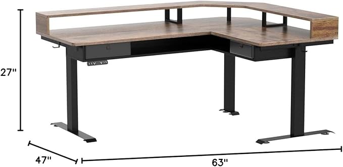 FEZIBO L Shaped Standing Desk with LED Strip &amp 2 Drawers Triple Motors Supports 330 lbs Upper and Lower Storage Shelves Available Electric Height Adjustable for Home Office Rustic Brown
