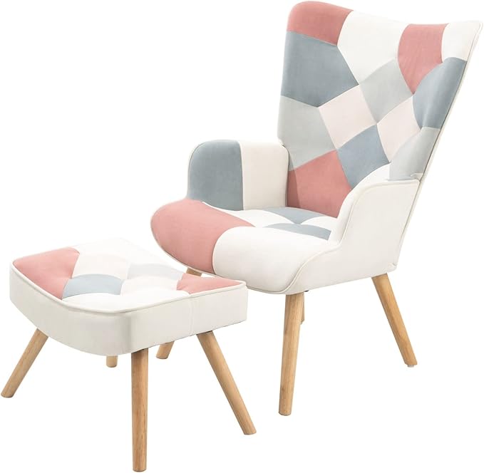 Accent Chair with Ottoman Living Room Chair and Ottoman Set Comfy Side Armchair for Bedroom Creative Splicing Cloth Surface