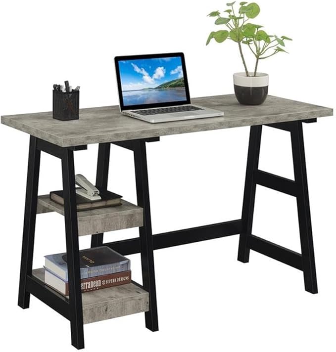 Convenience Concepts Designs2Go Trestle Desk 47 - Modern Desk or Vanity with Shelves for Office Dorm Living Room Faux Birch/Black