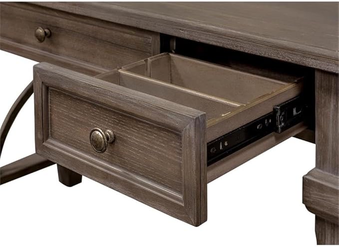 Pemberly Row Wood Writing Desk 54 in x 27 in x 30 in Solid Wood and Veneer Gray Weathered Dove Finish USB and AC Outlets Drop-Front Keyboard Tray Casual Office Desk for Home or Executive Office