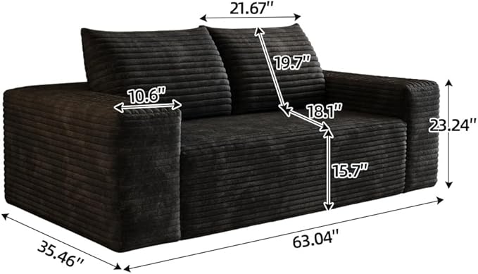 71 3Setaser SofaCorduroy FabricDeep Seat CouchesComfy Loveseat SofaNo Assembly1pcs for Living Room BedroomConference RoomApartment (Black-63)