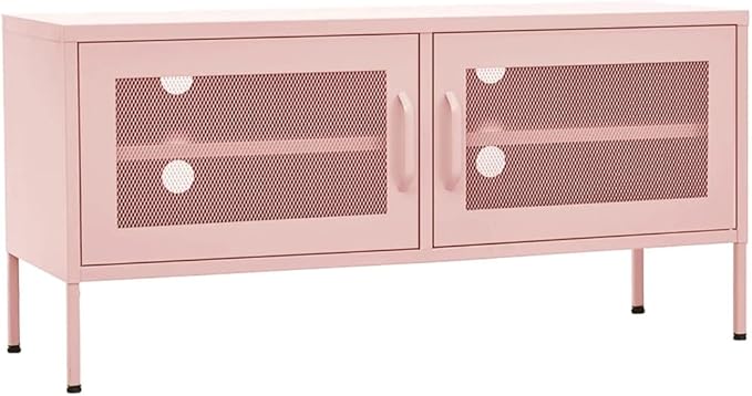 vidaXL Industrial Style TV Stand in Pink Steel Adjustable Height Cable Management System 41.3x13.8x19.7 2 Doors and 1 Shelf Maximum Loading 220.5lb