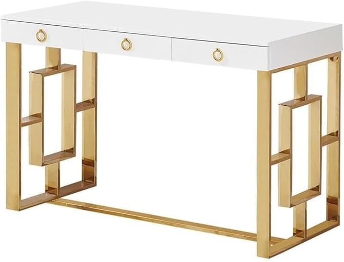 Best Master Furniture Barento 47 White Gloss Rectangular Computer Desk with 3 Drawers and Ring Handles Stainless Steel Sled Base Contemporary Office Desk for Home Study or Workspace (Gold)