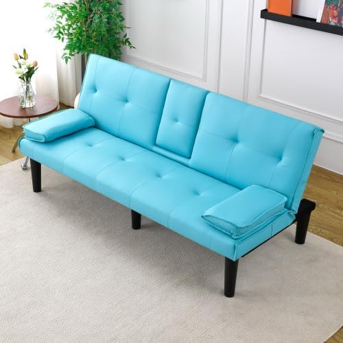 Futon Sofa Bed Modern Folding Couch for Small Space Faux Leather Convertible Loveseat Sleeper Bed Daybed Recliner Lounge Sofas for Living Room2 Cup HoldersMetal LegsRemovable Armrests (BLUE)
