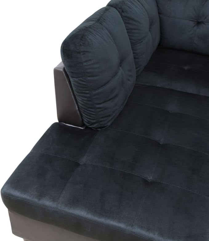 L-Shaped 3-Piece Lint and PVC Sofa with Storage Ottoman Set Sectional Couch Sofa Set for Living Room Office Small Space Dark Blue and Brown
