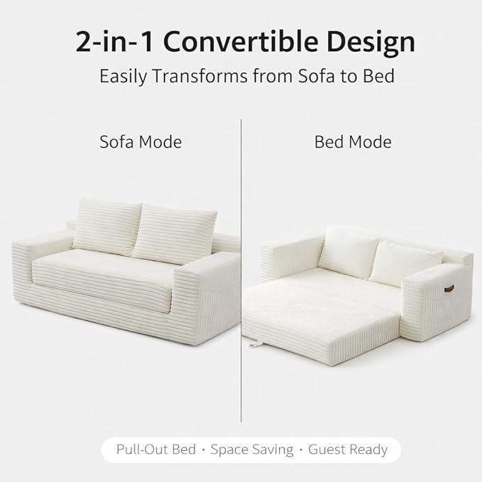 73INCH 2 in 1 Convertible Folding Couch Bed Corduroy Sleeper Sofa with Pull-Out Bed No Assembly Floor Sofa for Living Room Apartment &amp Small Spaces (Beige)