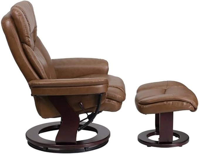 BOWERY HILL LeatherSoft Recliner and Ottoman 41.25 in H x 33 in W x 44.5 in D Palomino Brown Finish Integrated Headrest Swivel Base Mahogany Wood Frame Plush Arms Home or Office Seating