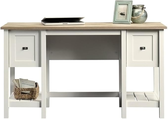 Scranton &amp Co Contemporary Wood Computer Desk Soft White and Lintel Oak Finish 30 in H x 53.9 in W x 19.4 in D File Drawer 2 Storage Drawers Shelves Cottage Style Home Office Desk