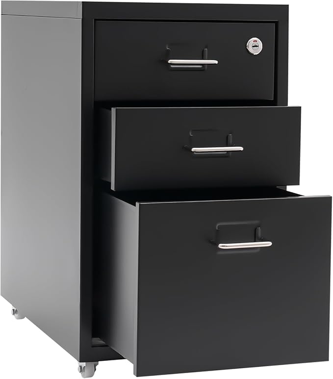 3-Tier Mobile File Cabinets Vertical File Cabinet Rolling File Cabinet Portable Office Storage with Lock 11 * 16 * 18.3in(Black)
