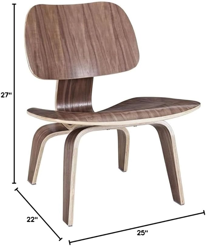 Pemberly Row Modern Molded Plywood Accent Chair Walnut Finish 27 H x 22 W x 25 D Durable Construction with Rubber Foot Pads Lightweight Veneer Living Room Indoor Seating